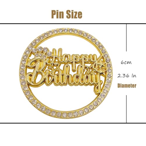 Image of Gold Happy Birthday Brooch Pin for Women - Modern Metal Pin with Crystal Decoration for Birthday Party