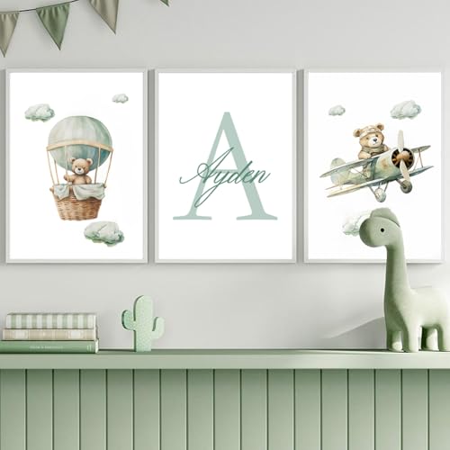 3 Affiche Prenom Personnalisé Bebe 30X40CM Poster Ourson Enfant Vert Montgolfière Tableau Nounours Toile Decoration Murale Enfant Ours Affiche Ourson Chambre...