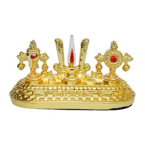 Image of Gold Plated Balaji Symbol of - Shankh, Chakra & Namam | Sacred Vaishnava Symbols for Pooja Room & Devotional Spaces | Vishnu Tilak Idol | Size: 8.5 x 4 x 5.5 cm