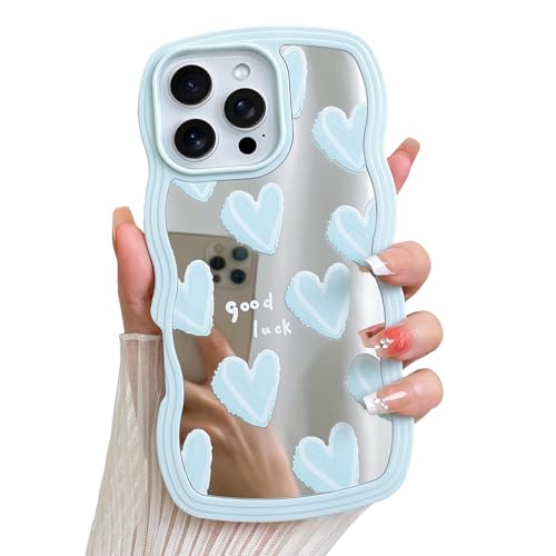 Coque iPhone 16 Pro anti-chute cadre vague miroir cœur bleu