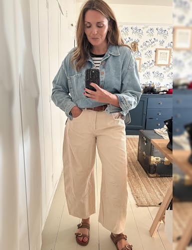 Flygo Womens Corduroy Pants Mid Rise Corduroy Barrel Pants Wide Leg Elastic Waist Cord Pants Casual Baggy Trousers(Beige-L)3