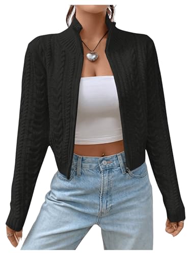 Image of MakeMeChic Women's Cropped Cable Knit Sweater Zip Cardigan Fall Clothes