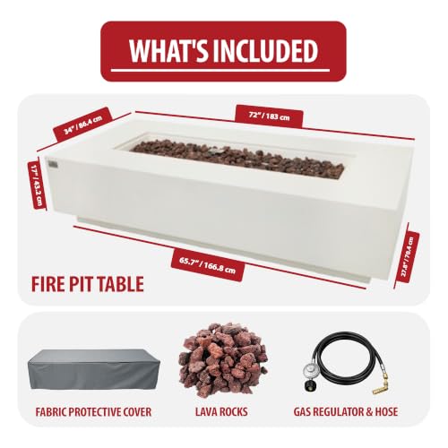 Image of AMS Creations | Savanah 72 inch Rectangular Cast Concrete Natural Gas Fire Pit Table | Cream White | Smooth Texture Surface | Electronic Ignition | Outdoor Patio Heater Outside Backyard Fireplace