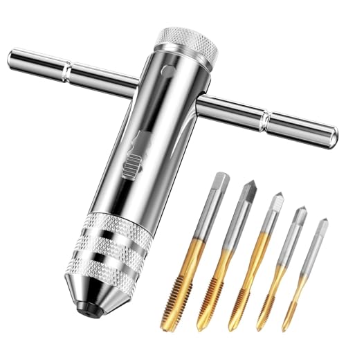 Ravytha Tarauds et Filières Tourne a Gauche Coffret Taraud, 5 Pièces Ensemble de Taraudage à Filetage en Titane M3/ M4/ M5/ M6/ M8+1 Pièces T Poignée...