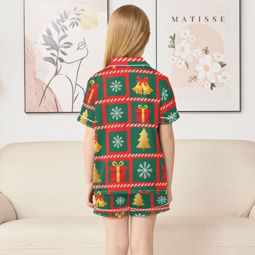 Satin Pajama Sets Short Sleeve Christmas Bells Tree Pattern Button Down Silky Nightwear 2 Piece PJS 5-14Y4