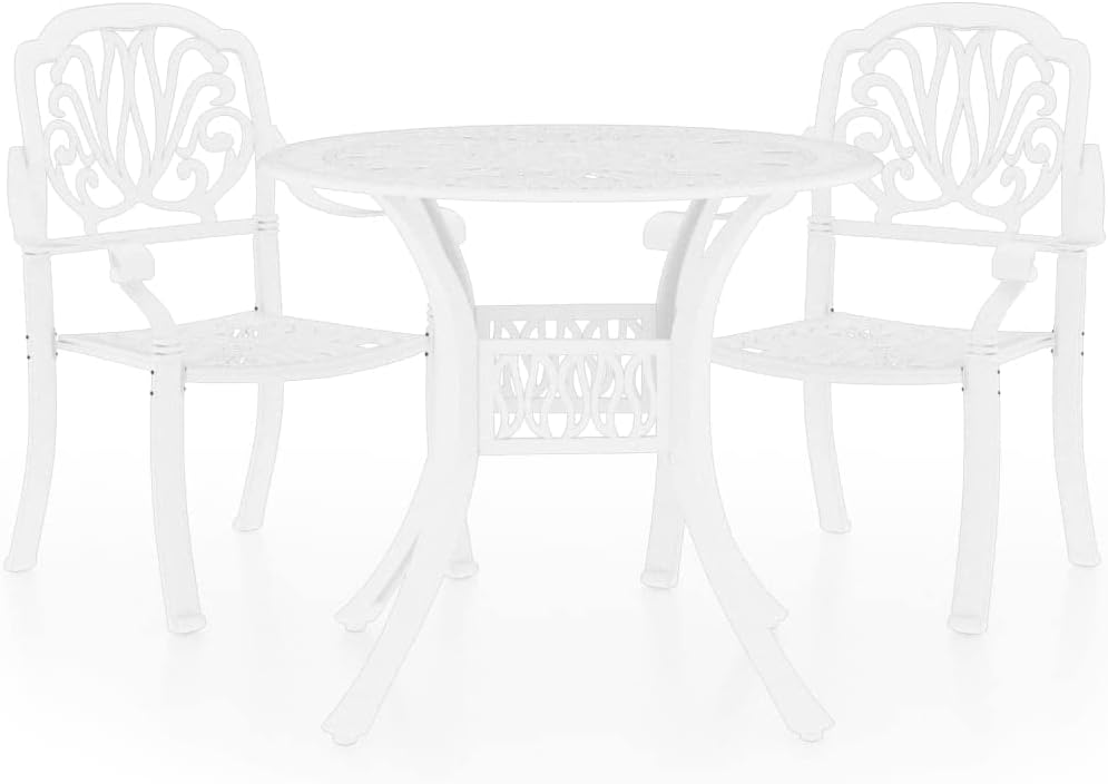 vidaXL 3 Piece Cast Aluminum Bistro Set with Umbrella Hole, Outdoor Patio Furniture, Elegant Garden Chair and Table Set, White