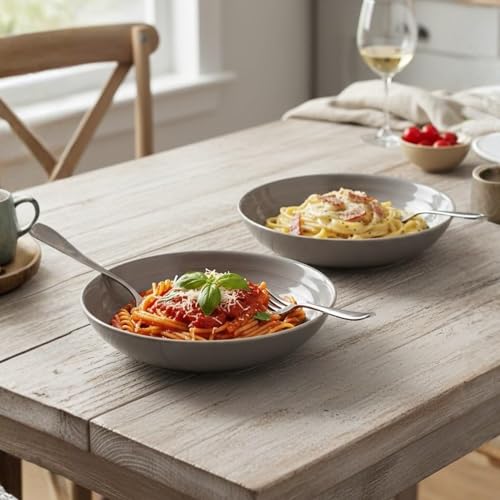 Image of Beyond Homes Handcrafted Ceramic Pasta Bowl Set of 2, 650 ml Each, 21 cm Deep Pasta Plates | Ceramic Serving Bowl for Pasta Salad Soup Noodles & Curry | Microwave & Dishwasher Safe, Light Grey