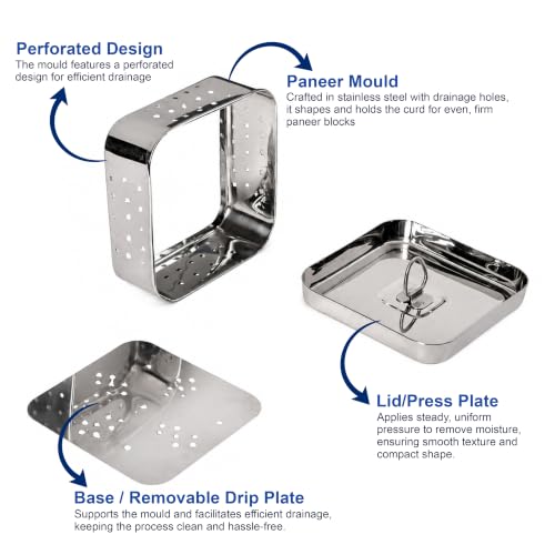 Image of JD Fresh Medium Stainless Steel Paneer Maker /Square Paneer Maker Mould Press with Lid /Quick Way Paneer Maker /Paneer Press Mould Use for Sprout, Tofu, Cheese and Paneer Maker (Square)