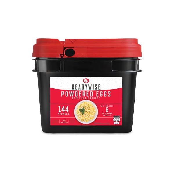 ReadyWise-Emergency-Food-Supply-Powdered-Egg-Bucket-144-Servings READYWISE - Powdered Eggs Bucket, 144 Servings, Emergency, MRE Food Supply, Premade, Freeze Dried Survival Food for Hiking, Adventure & Camping Essentials, Individually Packaged, 25 Year Shelf Life