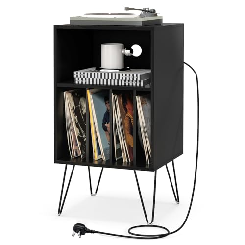 COSTWAY Record Player Stand with Charging Station, Turntable Stand End Sofa Side Table with 5 Shelves & Cable Hole, Albums Vinyl Record Storage Cabinet Holder for Living Room Bedroom (Black)