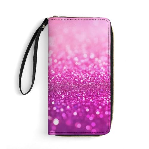 Women's Cute Decor Long PU Zipper Wallet, Travel Purse Fashion Design, Huge Storage Capacity Purse With Rope Pink Glitter Pattern