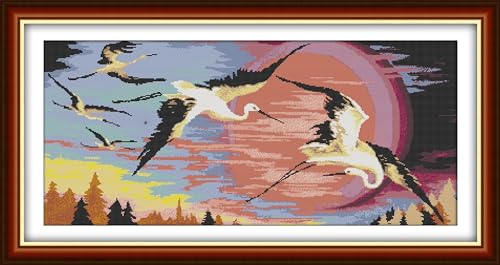 Image of Aiorkeng Cross Stitch Kits Stamped Full Range of Embroidery Starter Kits for Adults Beginners DIY 14CT 2 Strands -Printed kit Red-Crowned Cranes in The Rising Sun(Printed) 31.1x15.7inches