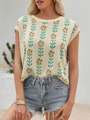 Image of Saodimallsu Womens Cap Sleeve Crop Tops Summer Color Block Going Out Crew Neck Knit Trendy Casual Sweater
