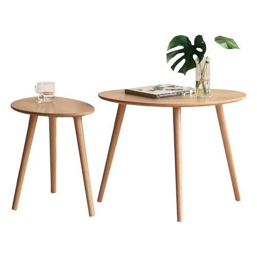 YESWOOD Lot de 2 Tables Gigognes, Table Basse Ovale en Chêne Massif, Design Galets, Table d’Appoint pour Salon, Balcon, Chêne Naturel