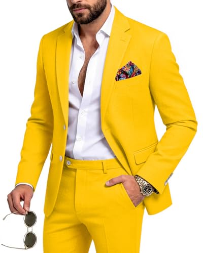 MOGU Mens Linen Suit 2 Piece Solid Mens Beach Wear Casual Slim Fit Suits Jacket and Pants for Summer Groom Wedding Size XS Yellow