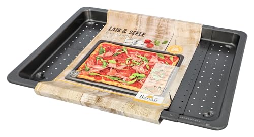 Birkmann, Laib & Seele, Backblech perforiert und verstellbar, 36-52 x 33 cm, für knusprige Böden, Antihaftbeschichtung und Rezeptvorschlag, 210585