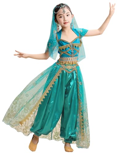 ELLYDOOR Princess Jasmine Costume for Aladdin Dress UP Halloween Cosplay Party Belly Dance Top Pants Outfit Blue Tag 150