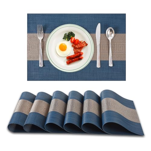 AZONEZ Table Mats Set of 6 – Heat Resistant Place Mats for Table, Woven Vinyl Table Placemats for Dinner, 45x30cm Non Slip Washable for Home, Restaurant (Teal Blue & Bronze)