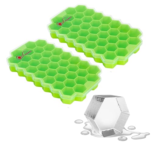Vinsani 2 Pack Ice Cube Hexagon Tray with Clear Removable Lid Easy-Release Silicone Flexible Ice Cube Moulds LFGB Certified and BPA Free Stackable Durable – Green