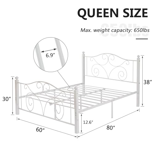 Image of VECELO Queen Size Bed Frame with Headboard and Footboard, Heavy Duty Metal Slat Support, Platform Mattress Foundation, No Box Spring Needed, Easy Assembly, White