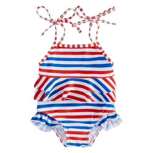 Traje de baño de una Pieza para niña pequeña con Estampado de paletas de/Lazos/Estrellas del 4 de Julio, Bikini sin Mangas con Volantes, de algodón, protección Solar y Alta Elasticidad