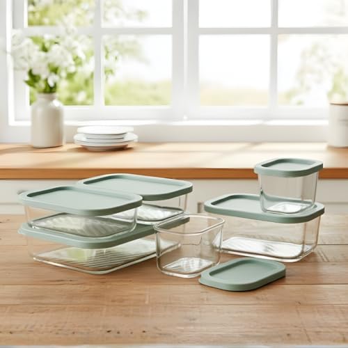 Image of Femora Borosilicate Glass Food Storage Containers with Lids Set of 6 (310ml x2, 520ml x2, 750ml, 1200ml | Rectangular, Airtight & Leakproof | Microwave & Dishwasher Safe | Green