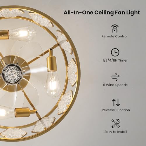 Image of Gold Fandelier Ceiling Fans with Lights, 18.9 inch Gold Chandelier Ceiling Fan with Light Remote Control, Caged Mid-Century with 6 Speeds for Bedroom, Nursery, Living Room