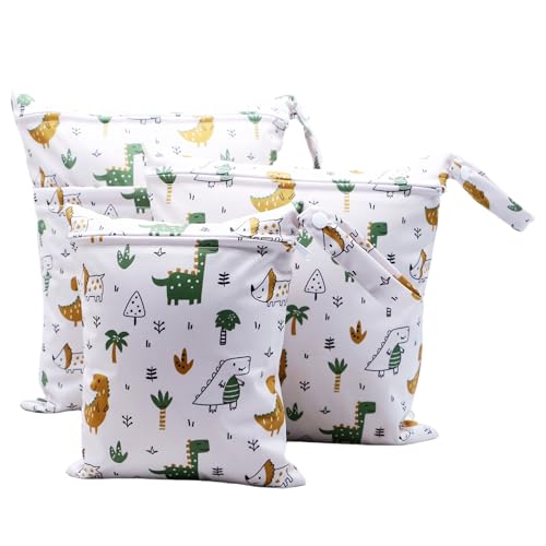 Asenappy 3pcs Cloth Diaper Wet Dry Bags Waterproof Reusable with Two Zippered Pockets Travel Beach Pool Daycare Soiled Baby Items Yoga Gym Bag for Swimsuits or Wet Clothes (3036-3-greendinosaur)