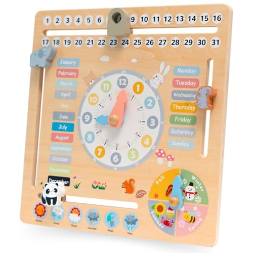 mamabrum MAM197 Lernkalender für Kinder, 6-in-1 Holz-Aktivitätstafel mit Uhr, Wetter, Datum - Bildungsspielzeug für Wochentage, Monate, Jahreszeiten, 29,5 cm
