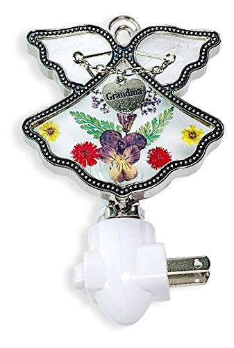 Banberry Designs Grandma Angel Nightlight - Pressed Flower Angel Night Light With Silver Heart Engraved 'Grandma Charm' - Grandmother Gift #TOP23
