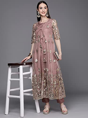 Image of INDO ERA Women's Net Embroidered Kurta Bottom With Shrug (Ready To Wear KS9MU4800 Mauve Pink XS To 2XL-Size)