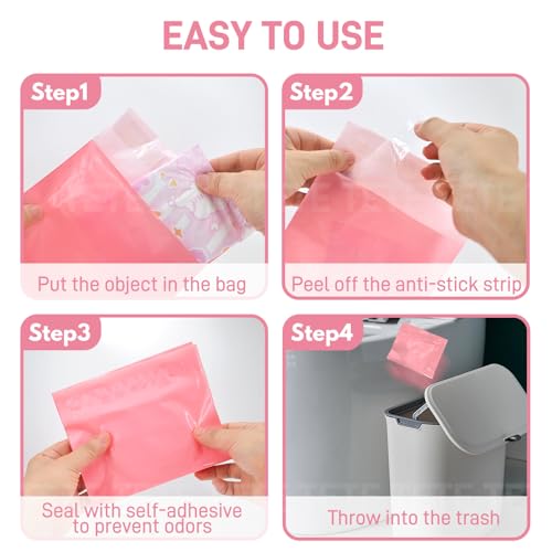 Image of Sanitary Napkin Disposal Bags FARVIGOR, 100Pcs Women Feminine Hygiene Disposal Bags for Tampons and Pads, Personal Disposal Bag Self-Sealing, Privacy Protection, 9.8x5.9 inch(Pink)