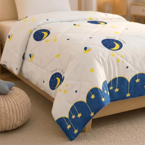Image of Filymore Good Night Comforter for Kids Girls - Cute Cartoon Print Single Bed Blanket, Microfiber Dohar for Boys & Girls | Soft Kids Winter & Summer Quilt |60x90 Inches (Blue and Cream)