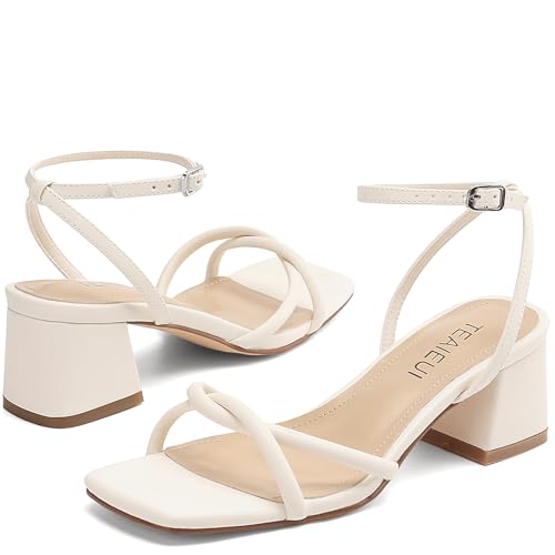 Image of TEAIEUI Chunky Heels for Women, Square Open Toe Heeled Sandals, Strappy Ankle Strap Shoes for Dress, Party, Prom, Block Low Heel 2 inch