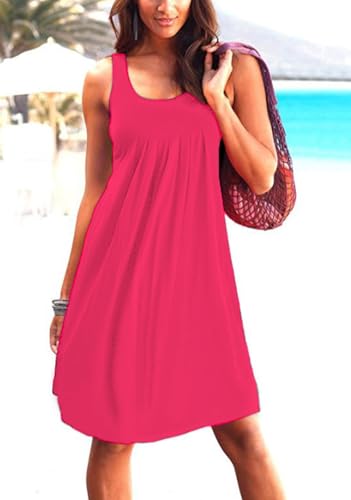 Image of Camisunny Women Casual Loose Tank Dresses Sleeveless Beach Vacation Dress Swing Pleated U Neck Fashion Soft