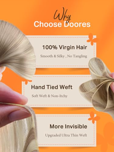 Image of DOORES Genius Sew in Weft Hair Extensions, Honey Blonde Highlight Platinum Blonde 22 Inch 60g Invisible Sew in Hair Extensions Hand Tied Remy Natural Looking