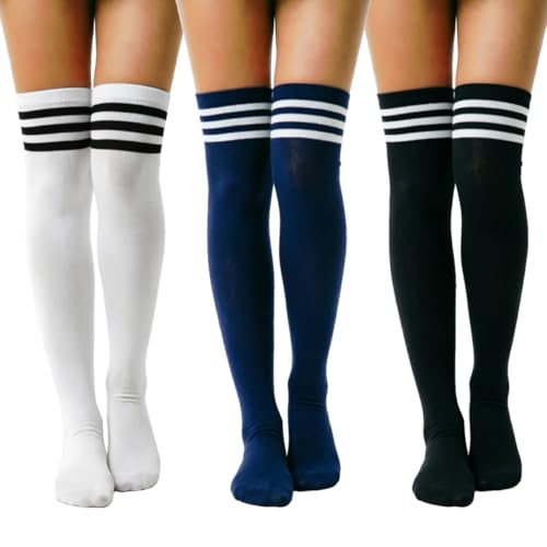 Image of DRESHOW 3 Pairs Thigh High Socks Striped Over Knee Thin Tights Long Stocking Knee High Leg Warmer