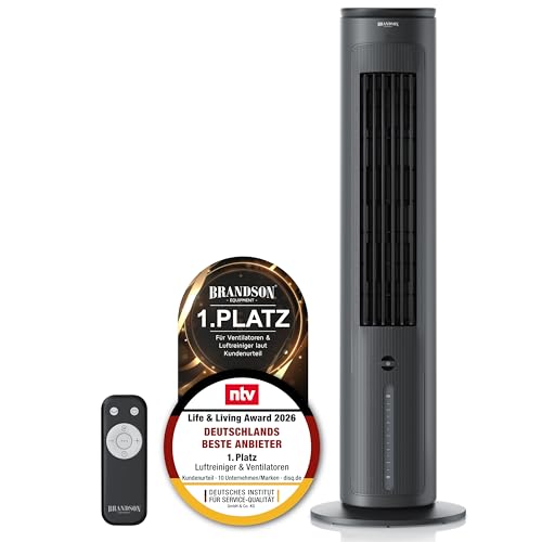 Brandson - Luftkühler mit Wasserkühlung Verdunstungskühler - Preisträger 2026 - Ventilator Turmventilator - mobile Klimaanlage ohne Abluftschlauch - 5 in 1 - leise - 4,7 L Wassertank