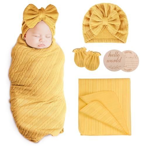 Image of AQOKKA Newborn Receiving Blanket with Bow Hat Headband Wooden Card Set Wheat-Pattern Newborns Toddler Baby Boy Girl Nursery Swaddle Wrap