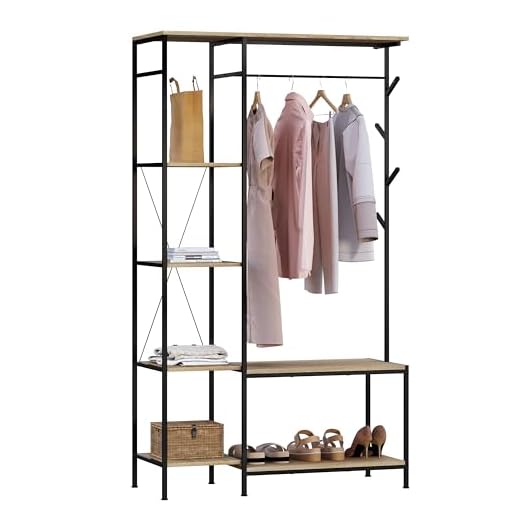 eSituro Perchero Zapatero 3 en 1, Perchero Recibidor con Banco, Barra de Colgar y Estantes de Almacenaje, Perchero de Entrada Recibidor de Estilo Industrial, 100x40x175 cm, Negro+Roble Claro SGR0150