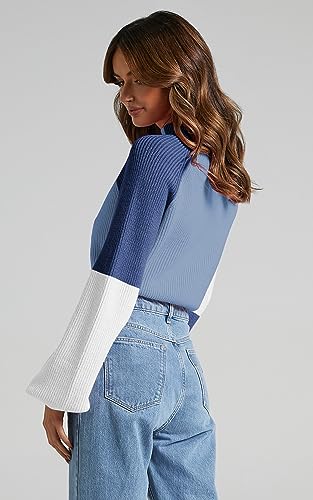 ZAFUL Women's Mock Neck Color Block Sweaters Knitted Pullover Jumper Tops Casual Lantern Sleeve Cropped Sweater4