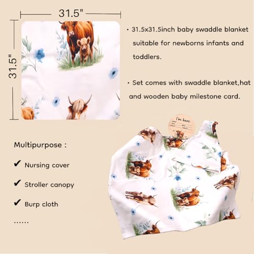 Image of Ylsteed Baby Highland Cow Swaddle Blanket and Headband Set, Newborn Receiving Blanket Swaddle Wrap for Girls and Boys, Swaddling Blankets Neutral for Newborn 32 * 32 in (Highland Cow Blue)