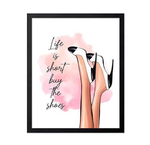 Image of Poster Master Life is Short Buy The Shoes Poster - Fashion Print - Trendy Art - Modern Art - Gift for Her & Fashionista - Luxury Haute Couture Decor for Bedroom or Girls Room, 11x14 Black Framed