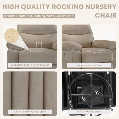 Image of Nursery Rocking Chair Glider with USB & Type-C Charging, Oversized 270 Swivel Recliner Chair for Breastfeeding, Baby Room Nursing Chair with Wide Foot Rest, Living Room Chair, Linen