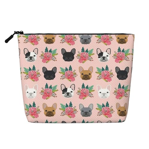 Borse riutilizzabili della stampa del bulldog francese dello spuntino e dei fiori, borsa da toilette di viaggio di grande capacità, borse di trucco con la chiusura lampo