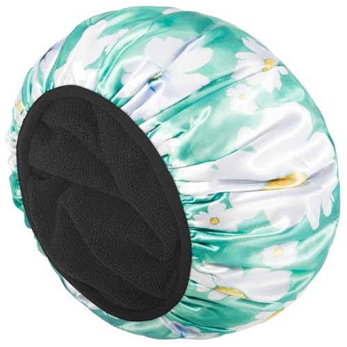 Auban Shower Cap, Terry Lined Shower Caps, Triple Layer Large Shower Cap for Women, Terry Cloth Lined Reusable Shower Cap for Long Thick Hair, Waterproof Hair Cap（white flower）