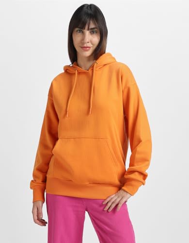 Image of JUNEBERRY Cotton Fleece Regular Fit Hooded Sweatshirt Lastest Back Graphic Printed Winter Hoodies for Women (Available in Colors: Black, SOYA Bean, Orange, Marshmellow, White & Lilac)