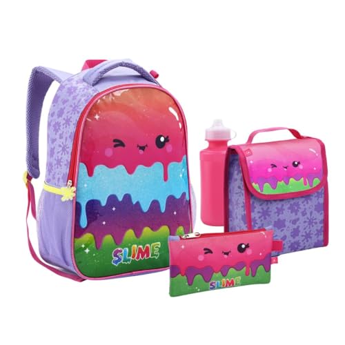 Mochila + Lancheira + Garrafa Infantil Na Estmapa de Slime