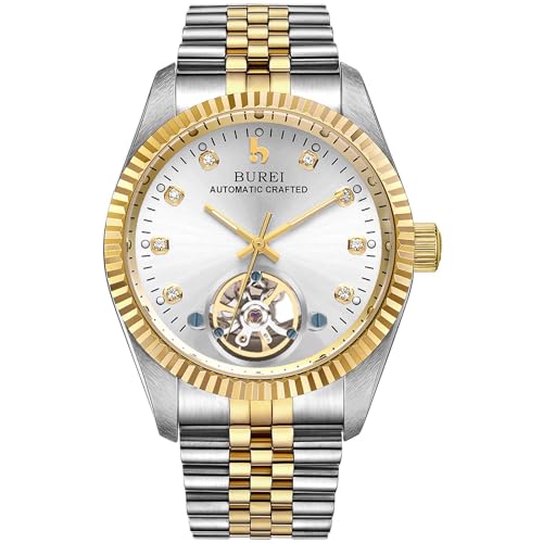 BUREI Men's Watch, Luxury Automatic Stainless Steel Watch, Fashion Waterproof Mechanical Watches with Diamond,Gift for Men