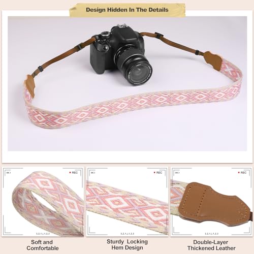 Image of Universal Camera Strap - Camera Neck Strap, Adjustable Shoulder Straps Compatible with Canon, Fujifilm, Nikon, Olympus, Panasonic and other SLR and mirrorless cameras - Purple Red White Rhombus